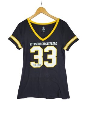 NFL Pittsburgh Steelers 33 Women's V Neck T Shirt Black Gold Team Apparel Large
